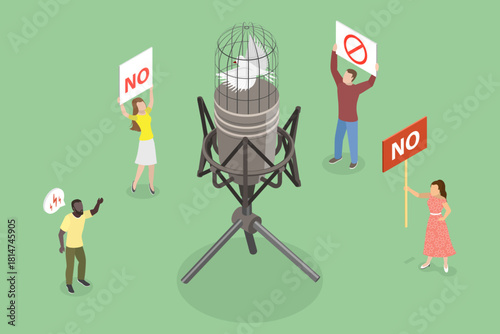 3D Isometric Flat Vector Illustration of Censorship, Bird Trapped In Microphone Symbolizes Limits To Freedom Of Speech