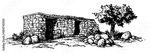 ancient stone hut ruins monochrome vector illustration