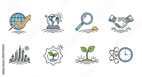 Inspiring icons showcase global business growth, sustainability, innovation, and partnership opportunities for a brighter future, originally a scalable vector graphic