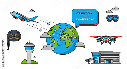 Celebrate International Civil Aviation Day with this vector-based design, featuring planes, airport elements, and a vibrant world map showcasing global air travel routes