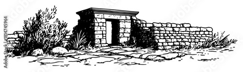 ancient stone tomb doorway ruins monochrome vector illustration
