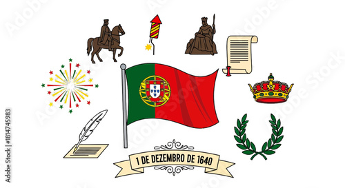 Celebrate Portuguese Restoration of Independence Day with festive symbols and waving flag showing national pride, perfect for holiday greetings and cultural events, originally vector based