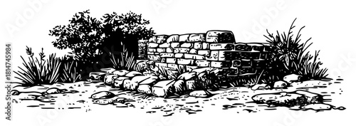old stone wall foundation ruins monochrome vector illustration
