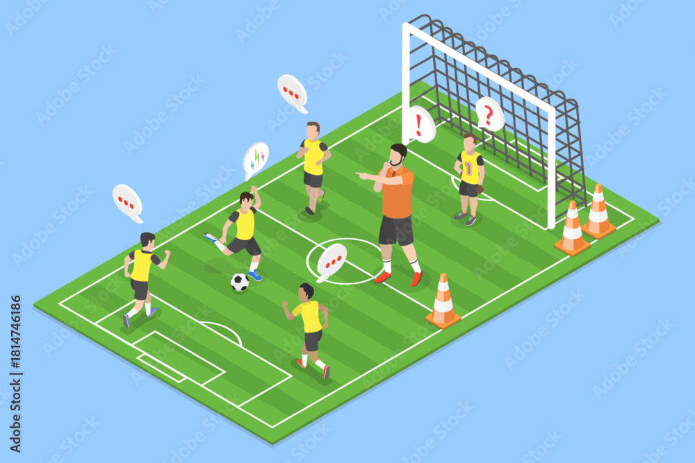 Fototapeta premium 3D Isometric Flat Vector Illustration of Children Soccer, Kids Playing Ball