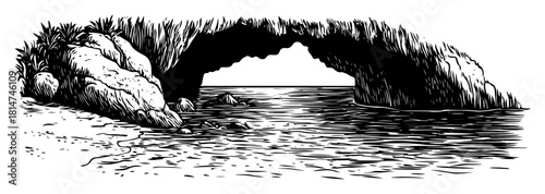 natural sea rock arch coastal scene monochrome vector illustration