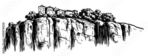 cliffside village atop sheer rock monochrome vector illustration