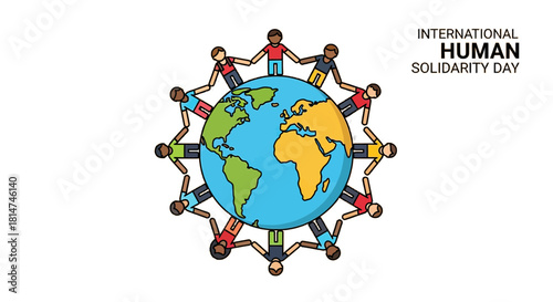 Celebrate International Human Solidarity Day with a powerful symbol of unity and global cooperation, diverse people holding hands around the world, promoting peace and harmony