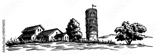 leaning tower of pisa countryside scene monochrome vector illustration