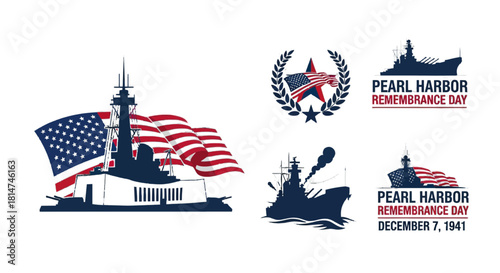 Remembering Pearl Harbor Day with Naval Vessels and the American Flag, a Somber Tribute to December 7, 1941, a Day of Remembrance and Reflection on American History