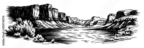canyon river valley landscape monochrome vector illustration