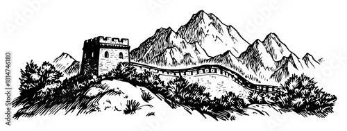 great wall of china winding through mountains monochrome vector illustration