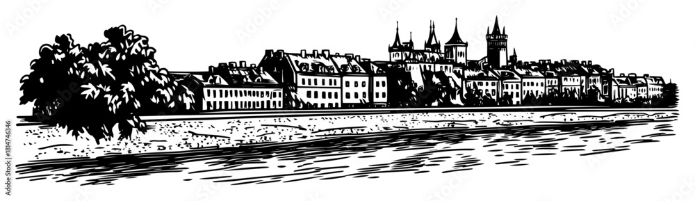 Fototapeta premium riverfront european old town with cathedral spires monochrome vector illustration