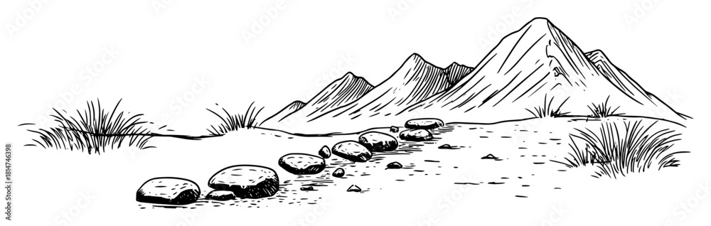 Obraz premium mountain landscape with stepping stones path hand drawn vector sketch