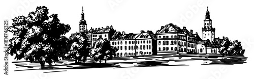 historic european palace with towers monochrome vector illustration