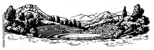 terraced farmland valley with trees monochrome vector illustration