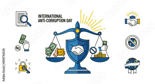 Promote International Anti-Corruption Day with vibrant illustrations fighting fraud and bribery, using justice scales and global symbols in a modern, impactful design