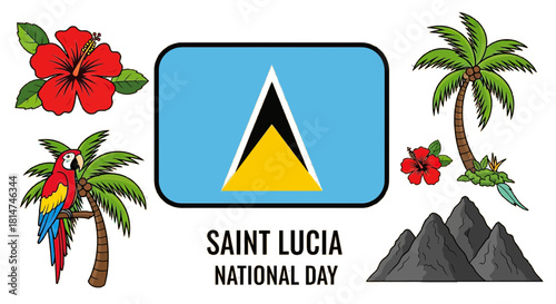 Celebrate Saint Lucia National Day with island vibes showcasing the flag, hibiscus, palm trees, mountains, and a vibrant parrot in a festive tropical design, perfect for travel posters