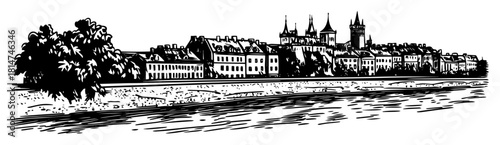 riverfront european old town with cathedral spires monochrome vector illustration