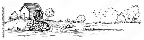 rustic watermill by stream monochrome vector illustration