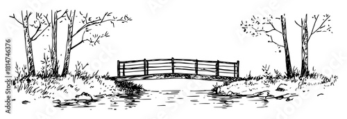wooden footbridge over forest pond monochrome vector illustration