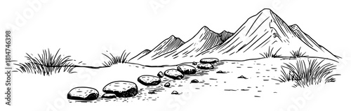 mountain landscape with stepping stones path hand drawn vector sketch