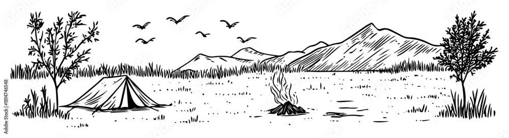 Obraz premium camping meadow tent and campfire mountain landscape monochrome vector illustration