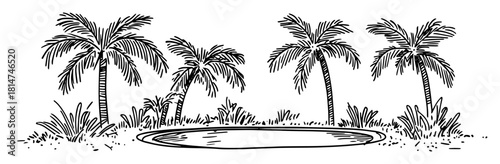 tropical palm oasis lagoon monochrome vector illustration