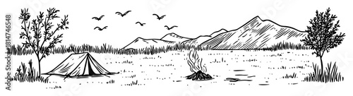 camping meadow tent and campfire mountain landscape monochrome vector illustration