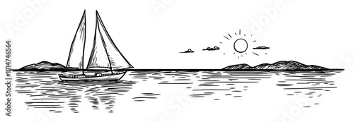 sailing boat on calm sea at sunset monochrome vector illustration