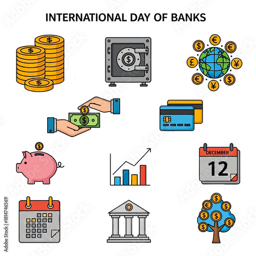 Celebrate International Day of Banks with financial success and global currency icons, showcasing wealth, savings, and investment opportunities for a prosperous future