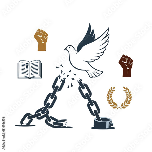 Inspiring symbol of freedom and liberation, a dove soars above broken chains representing justice, equality, and the pursuit of human rights for all, embracing hope and peace