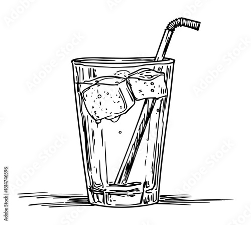 glass of iced drink with straw monochrome vector illustration