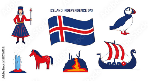 Celebrate Iceland Independence Day with captivating icons of Icelandic culture, from a majestic puffin to a traditional viking ship, perfect for travel designs