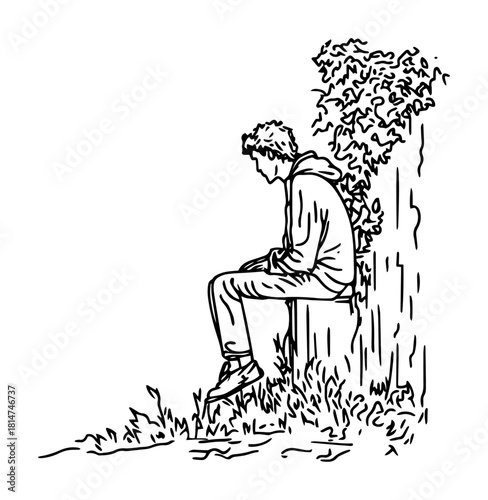 solitary man sitting on bench monochrome vector illustration