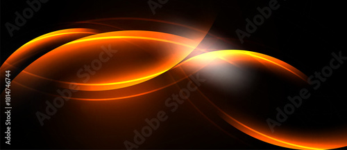 Abstract orange curves shine against black background. Dynamic lines create flowing, modern visual effect. Brightness emphasizes central point.