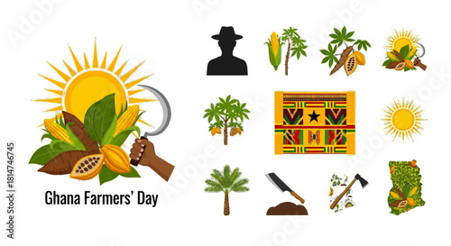 Celebrate Ghana Farmers' Day with vibrant illustrations of cocoa, corn, and palm trees, showcasing the rich agricultural heritage and traditions of Ghana, perfect for festive designs
