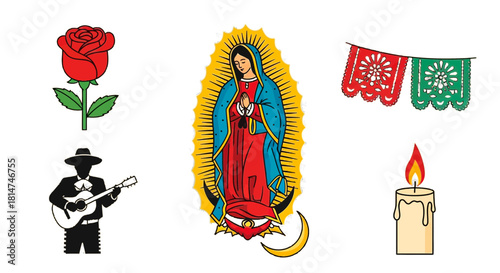 Celebrate Día de Muertos with vibrant artwork depicting traditional Mexican symbols like La Virgen de Guadalupe, mariachi music, papel picado, roses, and candle light
