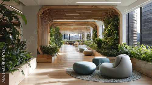 Corporate workspace emphasizing biophilic design and calm tones