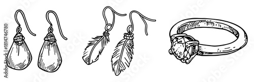 jewelry set with earrings and diamond ring hand drawn vector sketch