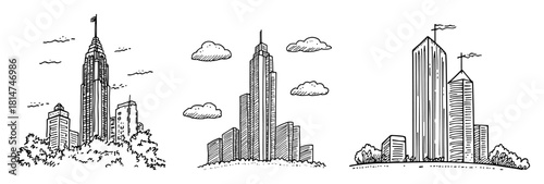 cityscape skyline with skyscrapers set hand drawn vector sketch illustration