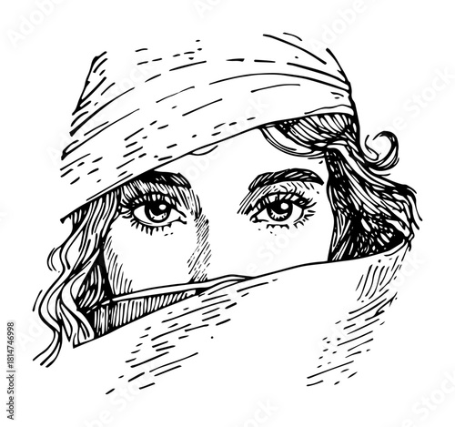 mysterious woman with veiled face beautiful eyes hand drawn sketch vector