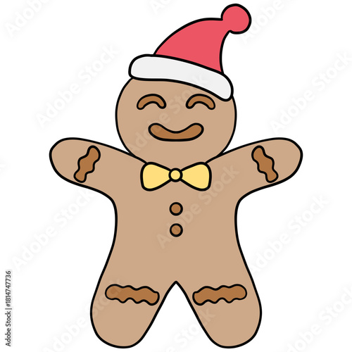 christmas Gingerbread man wearing a Santa hat and bowtie for festive cheer.