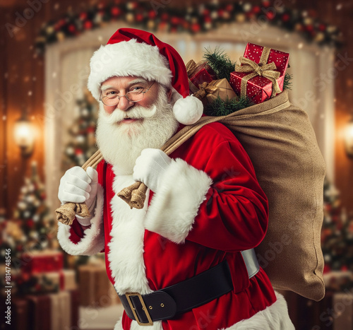 Père-Noël avec sa hotte remplie de jouets sur le dos