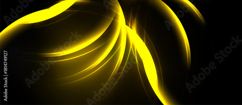 Abstract golden lines flow, creating dynamic curves against dark background. Brightness contrasts sharply, evoking energy, movement.