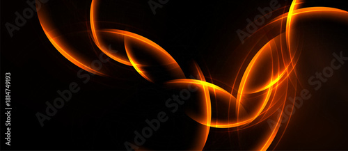 Abstract orange lines swirl against dark background. Bright energy radiates, creating dynamic visual effect. Smooth curves suggest movement.