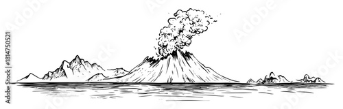 smoking volcano mountain hand drawn sketch