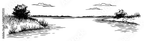 river landscape with reeds hand drawn sketch
