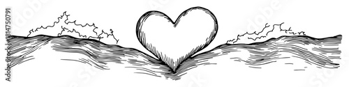 heart shape on waves romantic hand drawn sketch
