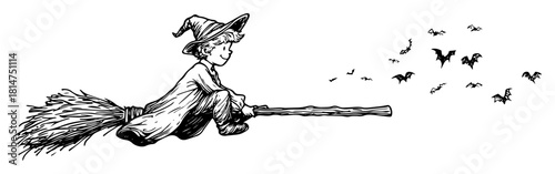 witch flying on broom with bats hand drawn sketch
