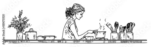 woman cooking in kitchen hand drawn sketch